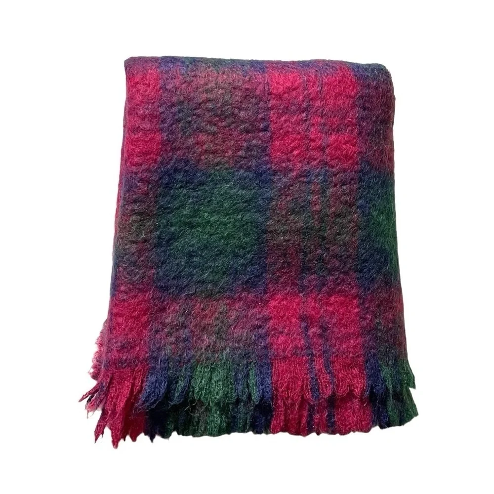 CUSHENDALE Ireland Vintage Mohair Wool Plaid Throw Blanket Burgundy Blue Green